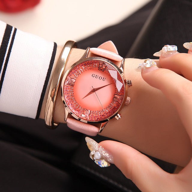 Pink Luxury Diamond Genuine Leather Ladies Watch