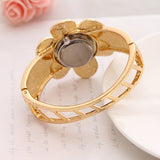 Happy Gold Plated Flower Design Hollow Cuff Bracelet Women Wrist Watch