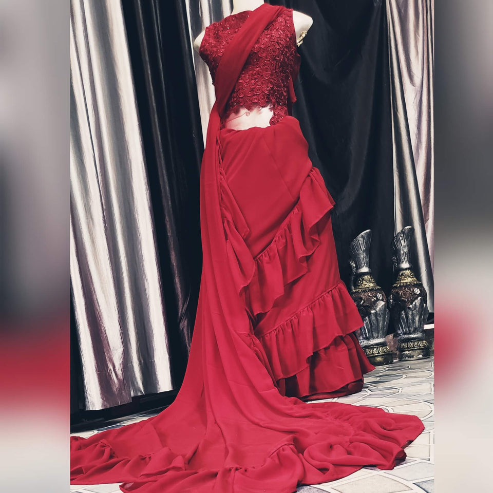 Red Indo-Western Ruffle Saree With Embroidered Blouse And Motifs