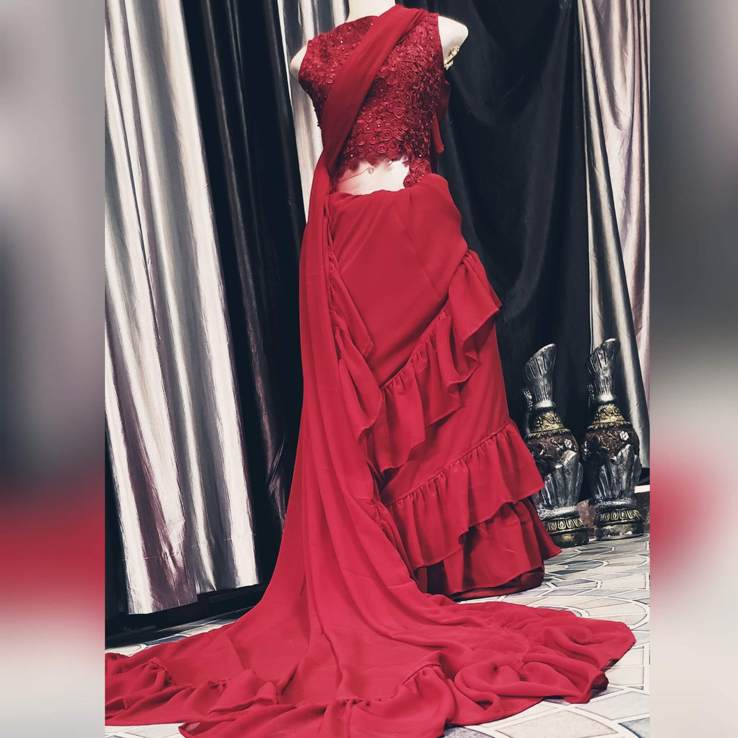 Red Indo-Western Ruffle Saree With Embroidered Blouse And Motifs