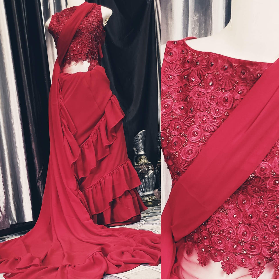 Red Indo-Western Ruffle Saree With Embroidered Blouse And Motifs