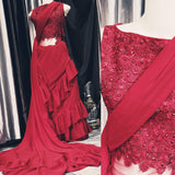 Red Indo-Western Ruffle Saree With Embroidered Blouse And Motifs
