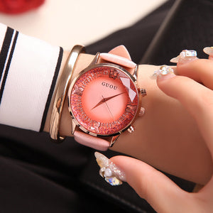 Pink Luxury Diamond Genuine Leather Ladies Watch