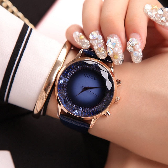 Midnight Blue Luxury Diamond Genuine Leather Ladies Watch