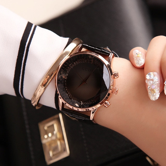 Black Luxury Diamond Genuine Leather Ladies Watch
