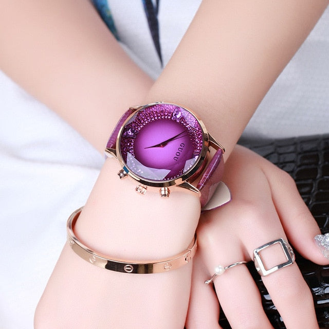 Purple Luxury Diamond Genuine Leather Ladies Watch