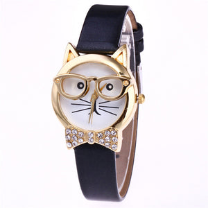 Attractive Funky Glasses Cat With Studded Stones And Genuine Leather Bracelet Women Watch