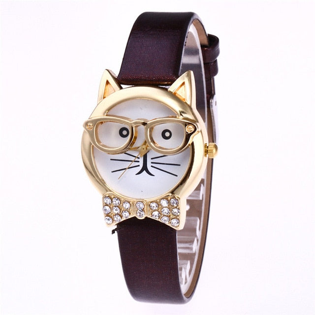 Attractive Funky Glasses Cat With Studded Stones And Genuine Leather Bracelet Women Watch