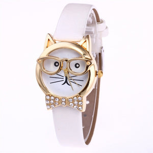 Attractive Funky Glasses Cat With Studded Stones And Genuine Leather Bracelet Women Watch