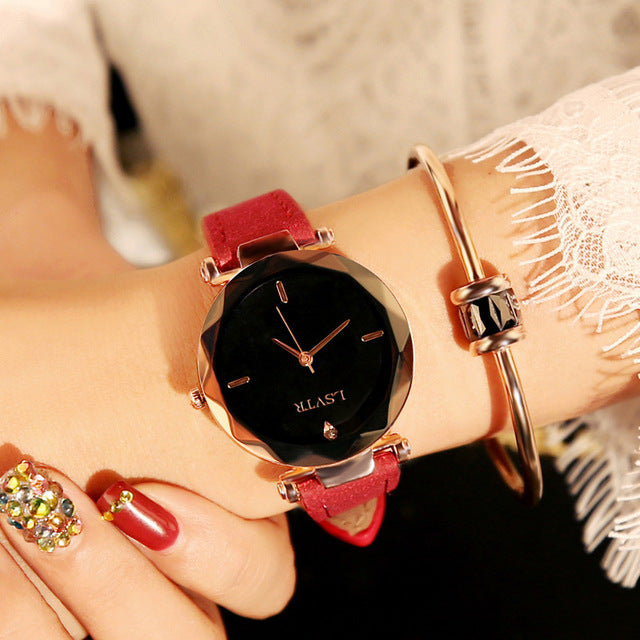 Red Frameless Diamond Cutting Wristwatch Genuine Leather Watch