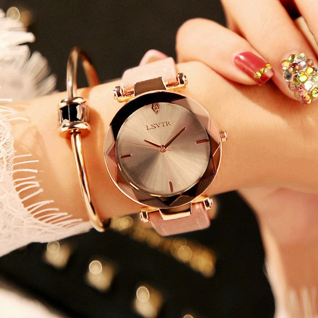Pink Frameless Diamond Cutting Wristwatch Genuine Leather Watch