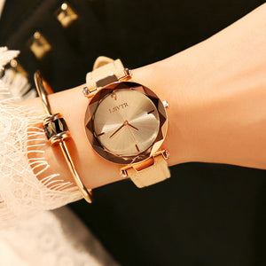 White Frameless Diamond Cutting Wristwatch Genuine Leather Watch