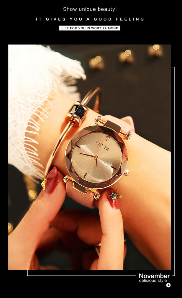 White Frameless Diamond Cutting Wristwatch Genuine Leather Watch