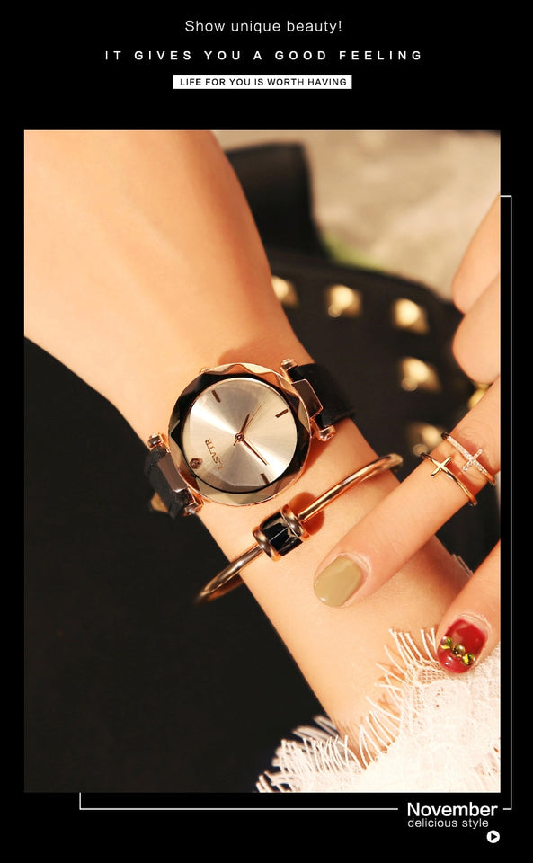 Black-Strap While Dial Frameless Diamond Cutting Wristwatch Genuine Leather Watch