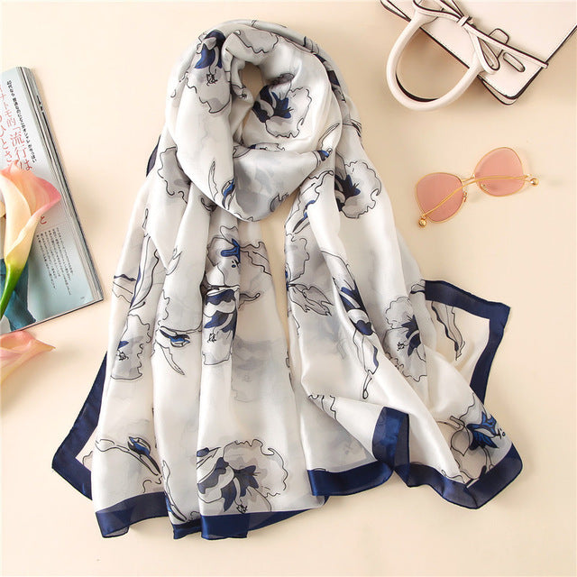 Blue-White Multi-Color Floral Pattern Luxury Women Silk Scarf