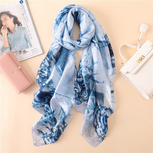 Paris Series Premium Blue-White Pattern Quality Luxury Silk Scarf