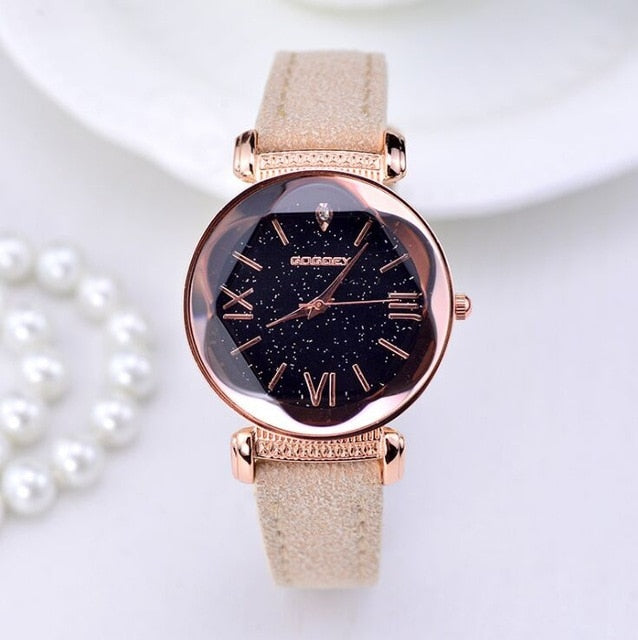 New Rose Gold Leather Designer Gift Women Watch