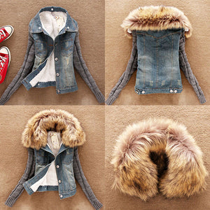 Distressed Denim Jacket With Fur Collar