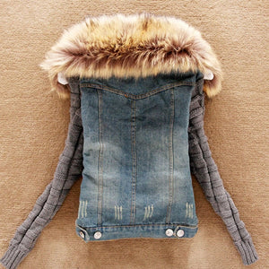 Distressed Denim Jacket With Fur Collar