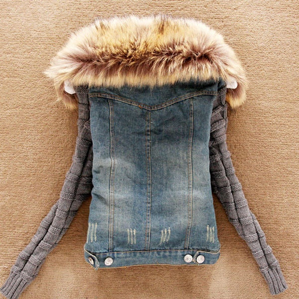Distressed Denim Jacket With Fur Collar