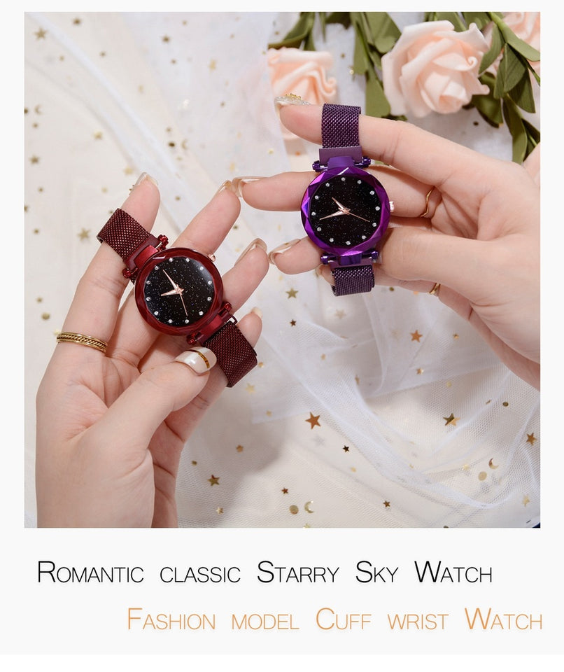 Fashionable Unique Mesh Magnet Buckle Exotic Starry Diamond Designer Luxury Ladies Women Watch