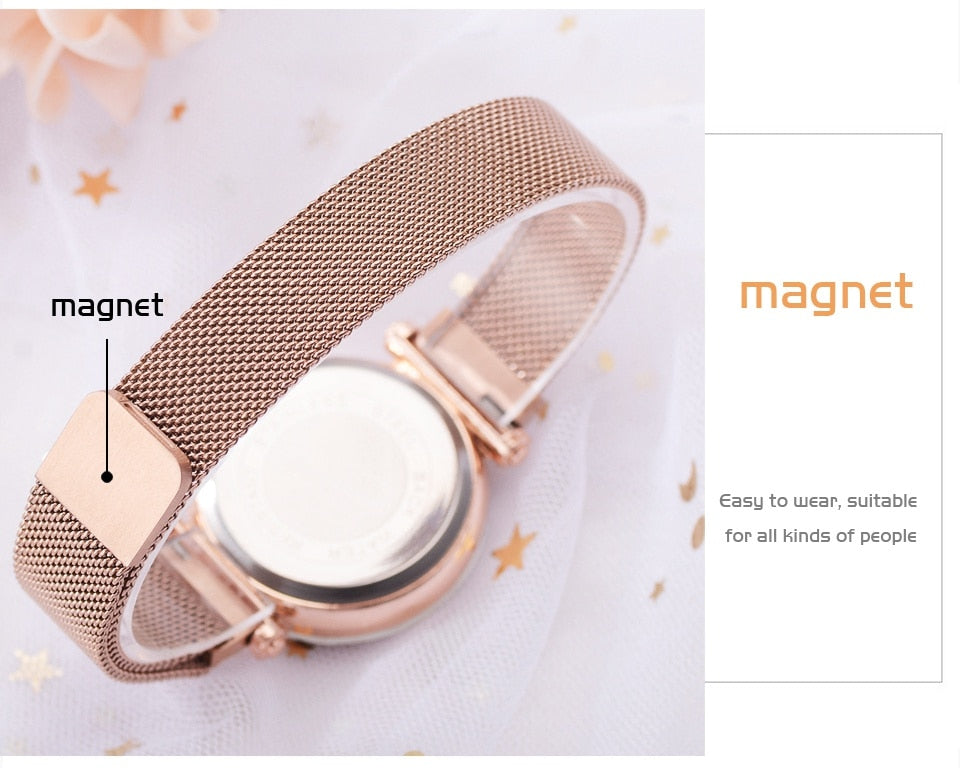Fashionable Unique Mesh Magnet Buckle Exotic Starry Diamond Designer Luxury Ladies Women Watch