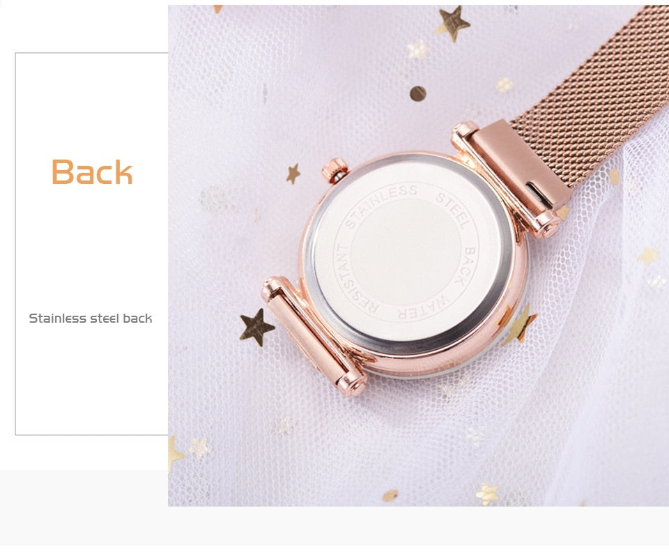 Fashionable Unique Mesh Magnet Buckle Exotic Starry Diamond Designer Luxury Ladies Women Watch