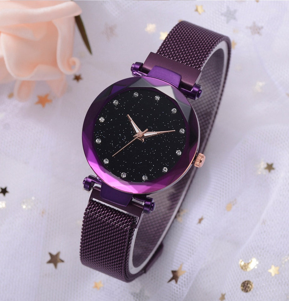 Fashionable Unique Mesh Magnet Buckle Exotic Starry Diamond Designer Luxury Ladies Women Watch
