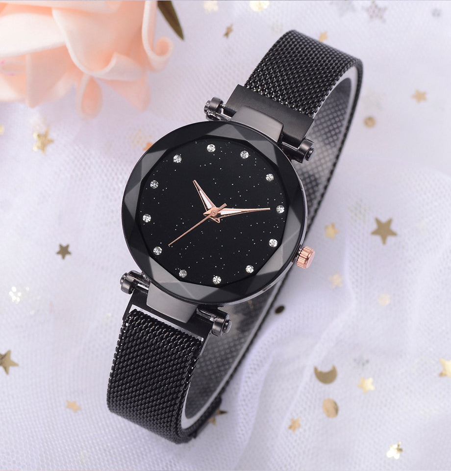 Fashionable Unique Mesh Magnet Buckle Exotic Starry Diamond Designer Luxury Ladies Women Watch