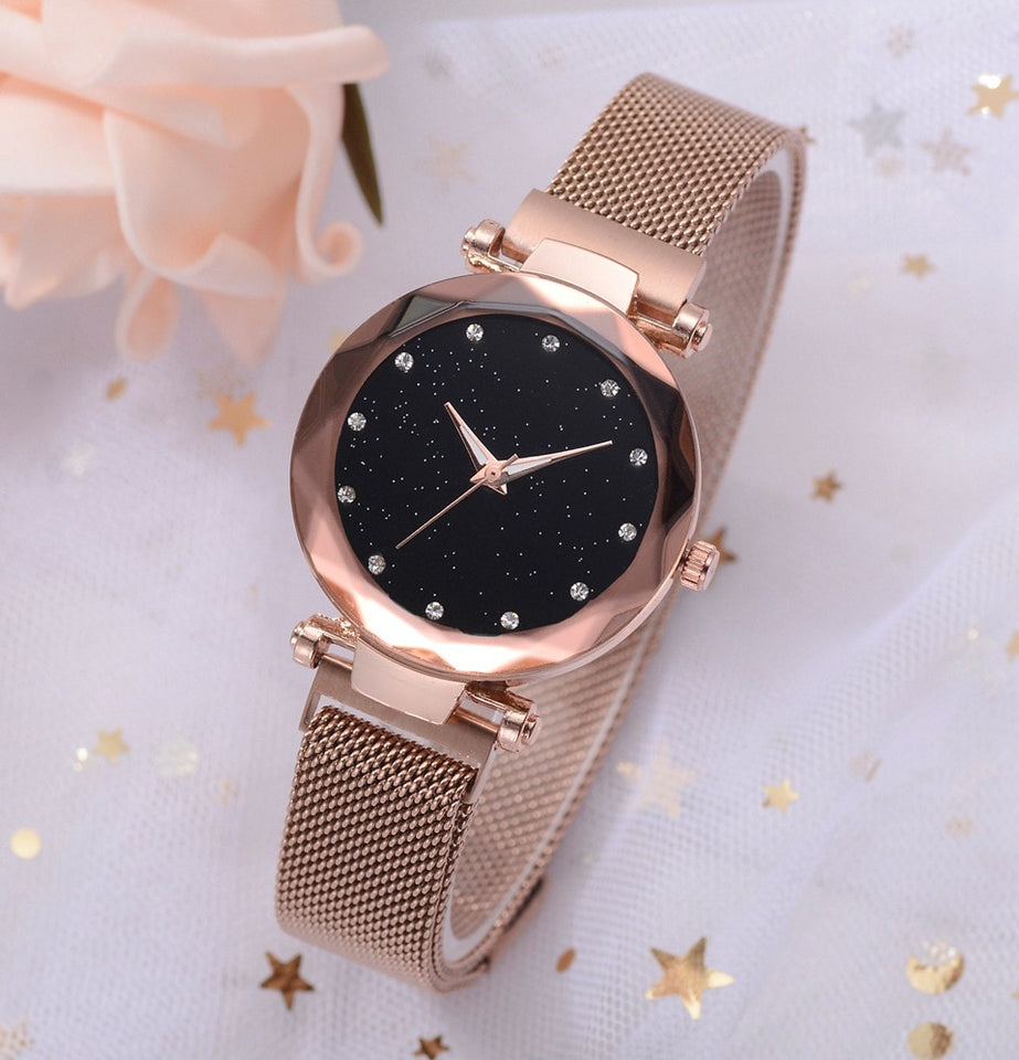 Fashionable Unique Mesh Magnet Buckle Exotic Starry Diamond Designer Luxury Ladies Women Watch