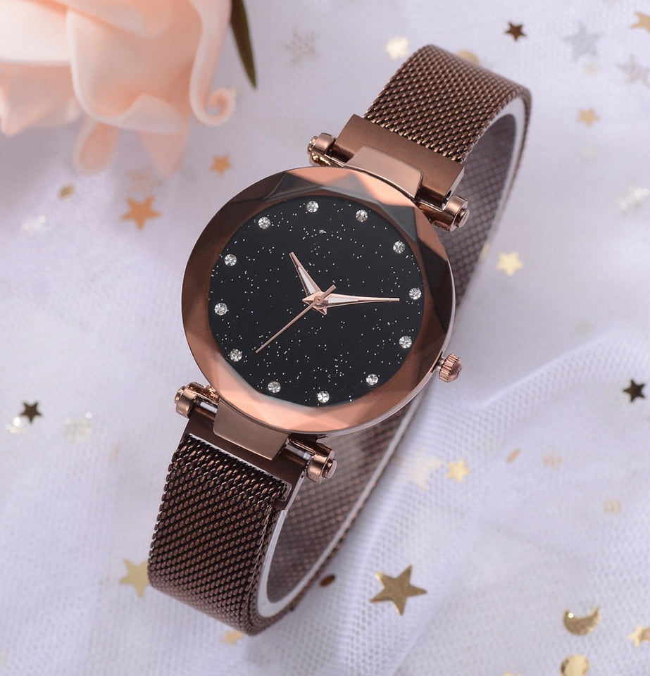 Fashionable Unique Mesh Magnet Buckle Exotic Starry Diamond Designer Luxury Ladies Women Watch