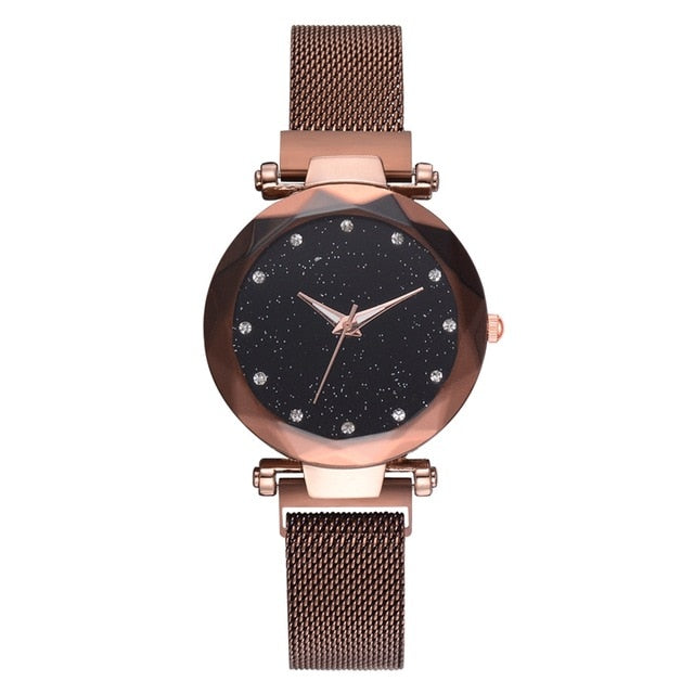 Fashionable Unique Mesh Magnet Buckle Exotic Starry Diamond Designer Luxury Ladies Women Watch
