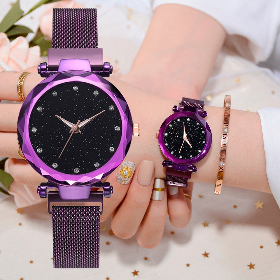 Fashionable Unique Mesh Magnet Buckle Exotic Starry Diamond Designer Luxury Ladies Women Watch