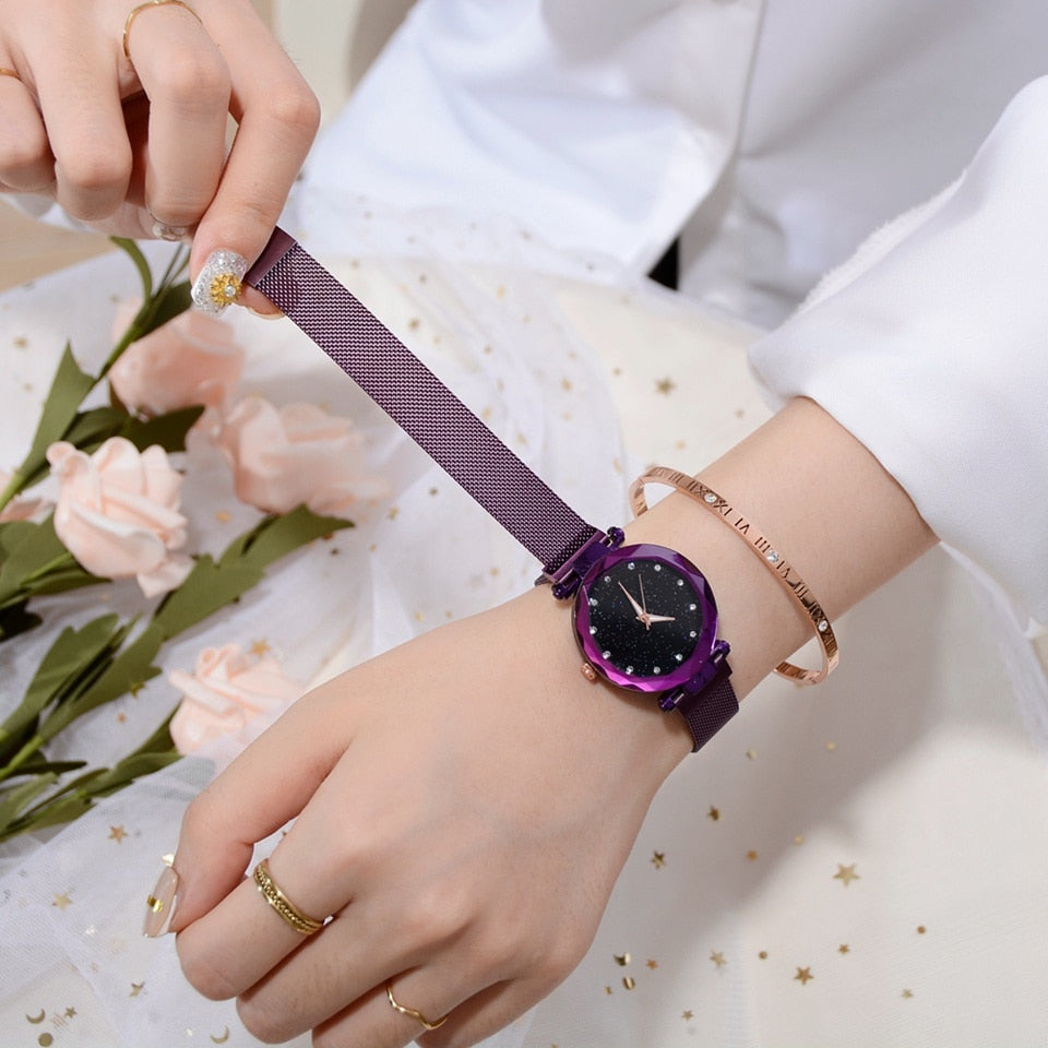 Fashionable Unique Mesh Magnet Buckle Exotic Starry Diamond Designer Luxury Ladies Women Watch